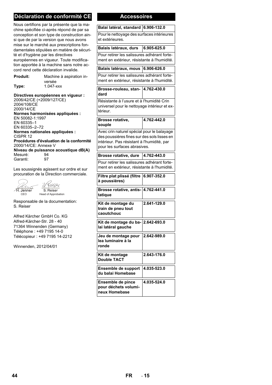 Déclaration de conformité ce, Accessoires | Karcher KM 90-60 R P Advanced User Manual | Page 44 / 397