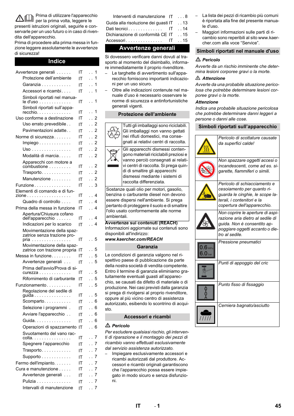 Italiano, Indice, Avvertenze generali | Karcher KM 90-60 R P Advanced User Manual | Page 45 / 397