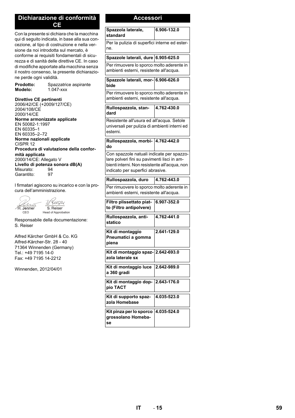 Dichiarazione di conformità ce, Accessori | Karcher KM 90-60 R P Advanced User Manual | Page 59 / 397