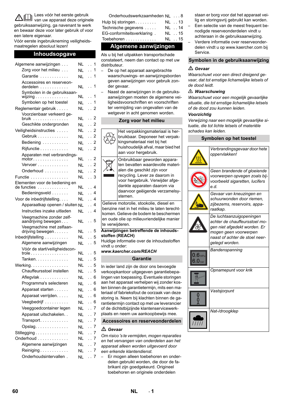 Nederlands, Inhoudsopgave, Algemene aanwijzingen | Karcher KM 90-60 R P Advanced User Manual | Page 60 / 397