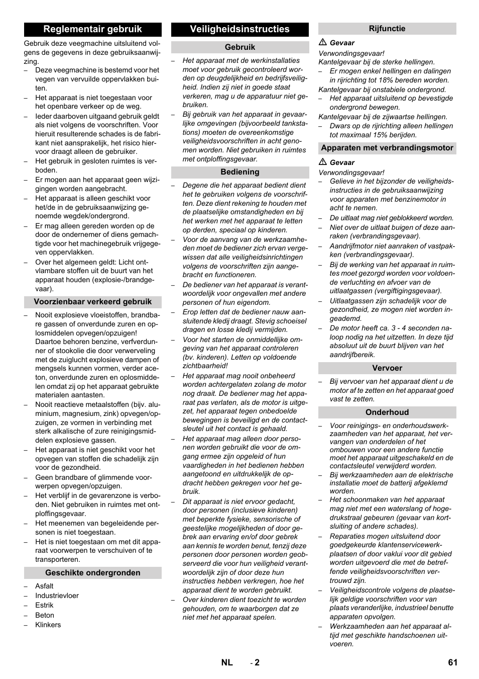 Reglementair gebruik, Veiligheidsinstructies | Karcher KM 90-60 R P Advanced User Manual | Page 61 / 397