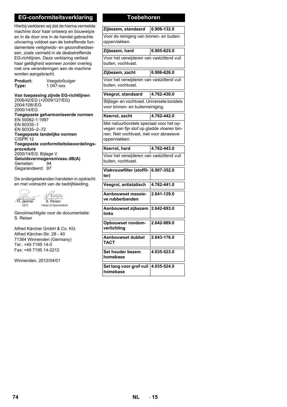 Eg-conformiteitsverklaring, Toebehoren | Karcher KM 90-60 R P Advanced User Manual | Page 74 / 397