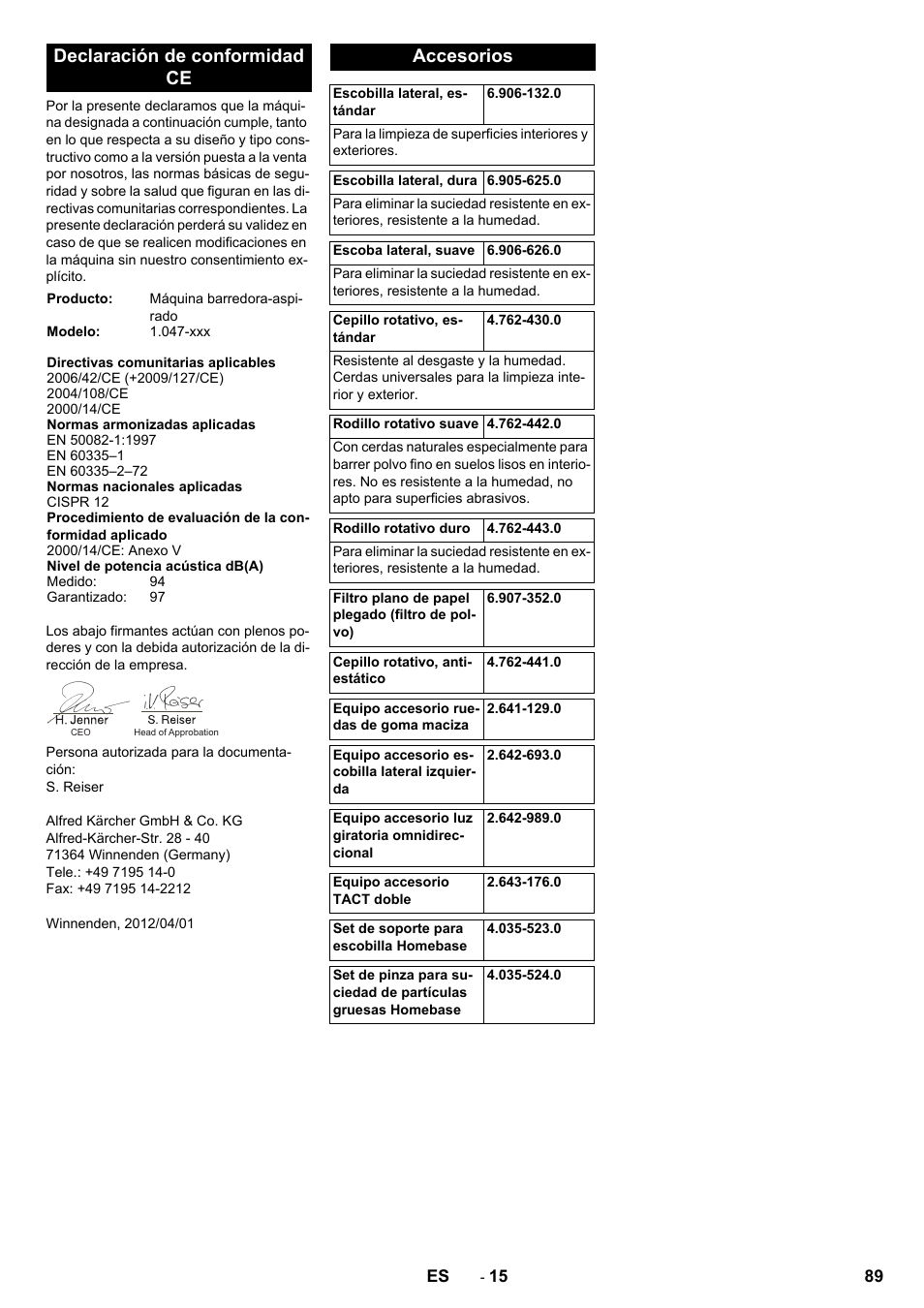 Declaración de conformidad ce, Accesorios | Karcher KM 90-60 R P Advanced User Manual | Page 89 / 397
