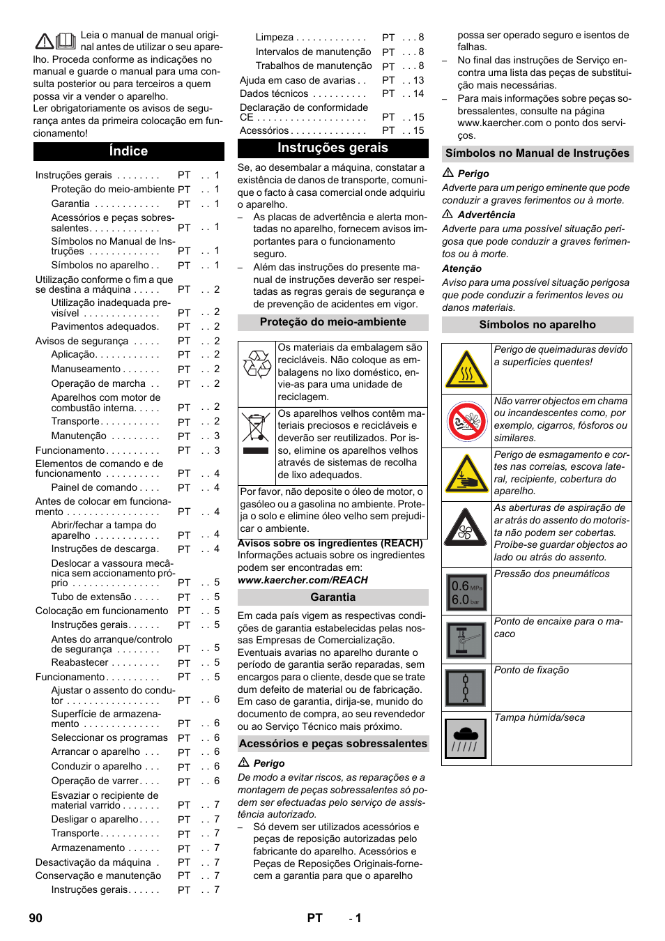 Português, Índice, Instruções gerais | Karcher KM 90-60 R P Advanced User Manual | Page 90 / 397