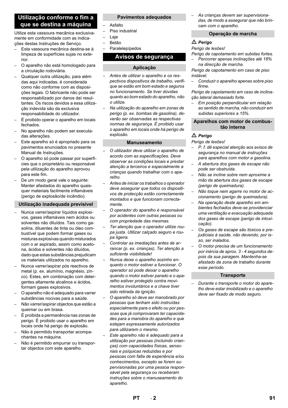 Avisos de segurança | Karcher KM 90-60 R P Advanced User Manual | Page 91 / 397