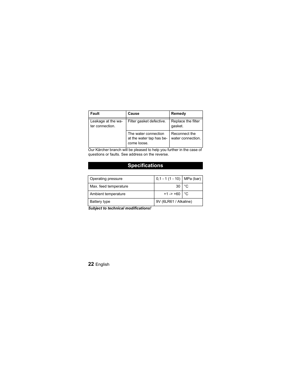 Specifications | Karcher Unità d'irrigazione WU 60-2 sun User Manual | Page 22 / 78