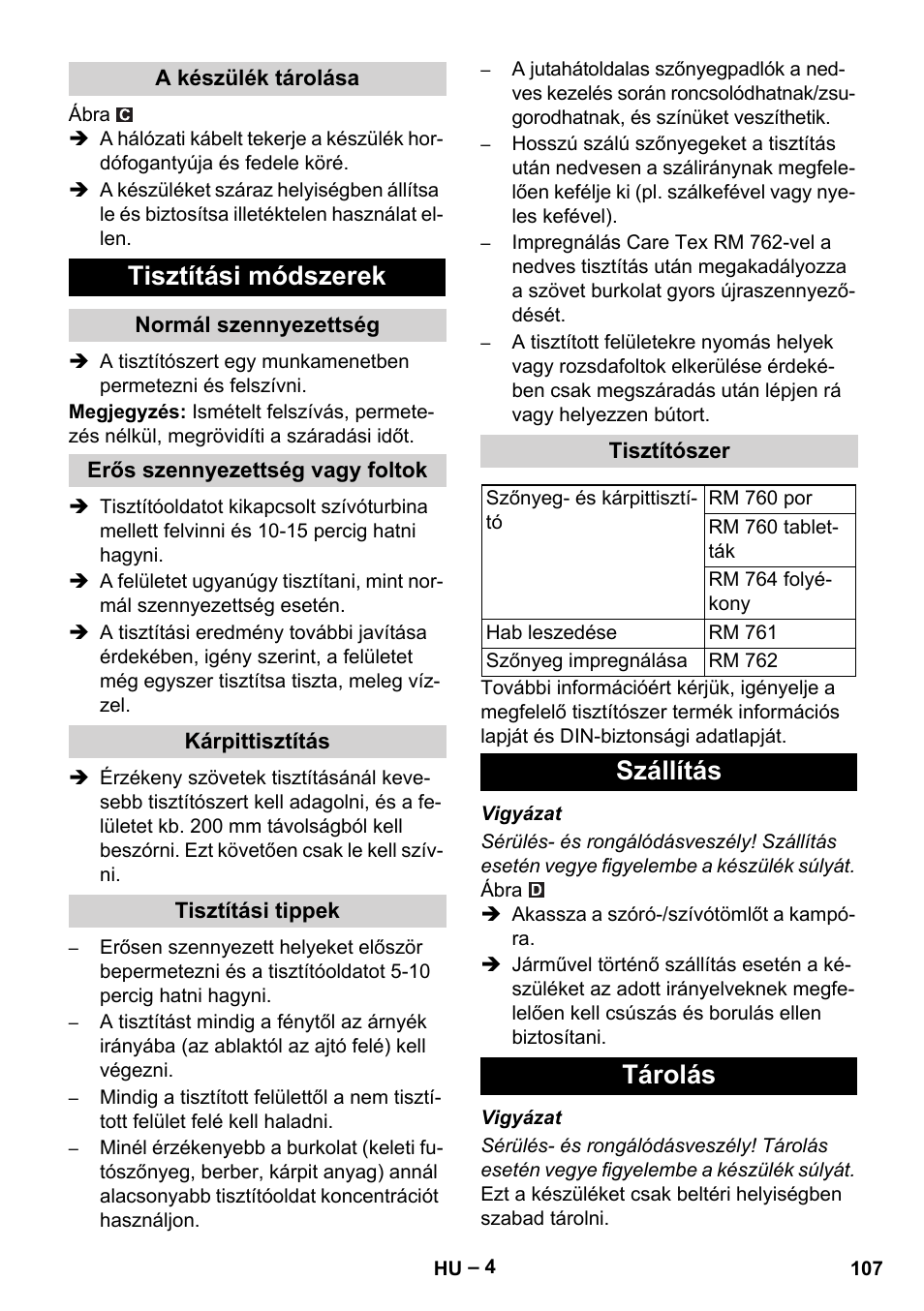 Tisztítási módszerek, Szállítás tárolás | Karcher PUZZI 8-1 C User Manual | Page 107 / 204