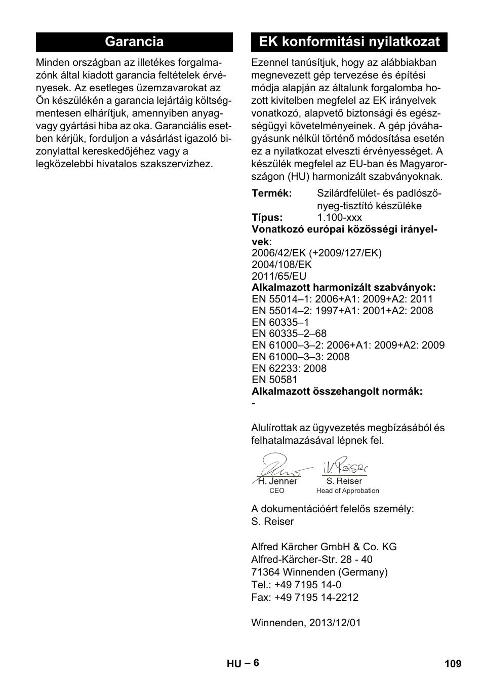 Garancia ek konformitási nyilatkozat | Karcher PUZZI 8-1 C User Manual | Page 109 / 204