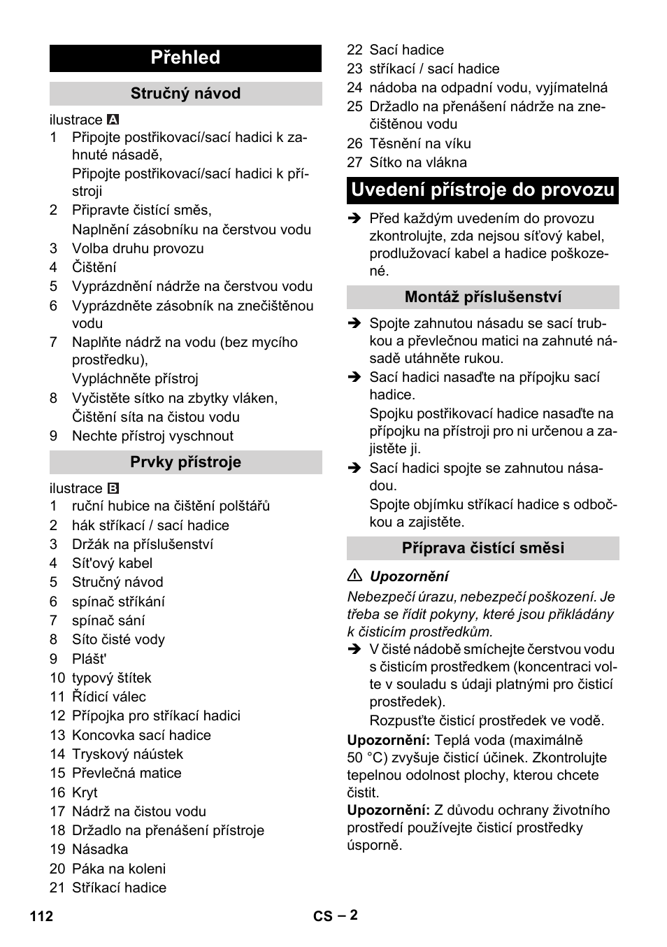 Přehled, Uvedení přístroje do provozu | Karcher PUZZI 8-1 C User Manual | Page 112 / 204