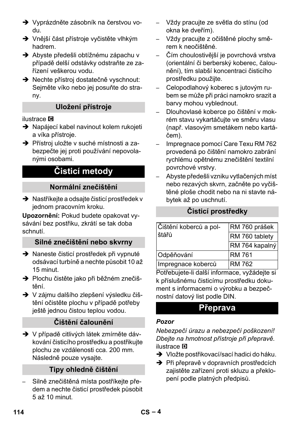 Čisticí metody, Přeprava | Karcher PUZZI 8-1 C User Manual | Page 114 / 204