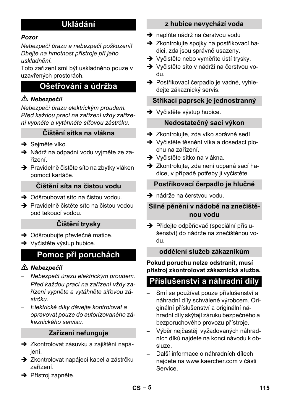 Ukládání ošetřování a údržba, Pomoc při poruchách, Příslušenství a náhradní díly | Karcher PUZZI 8-1 C User Manual | Page 115 / 204