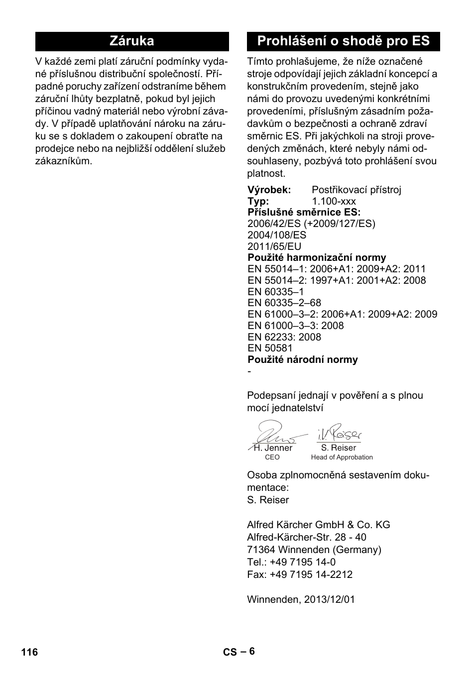 Záruka prohlášení o shodě pro es | Karcher PUZZI 8-1 C User Manual | Page 116 / 204