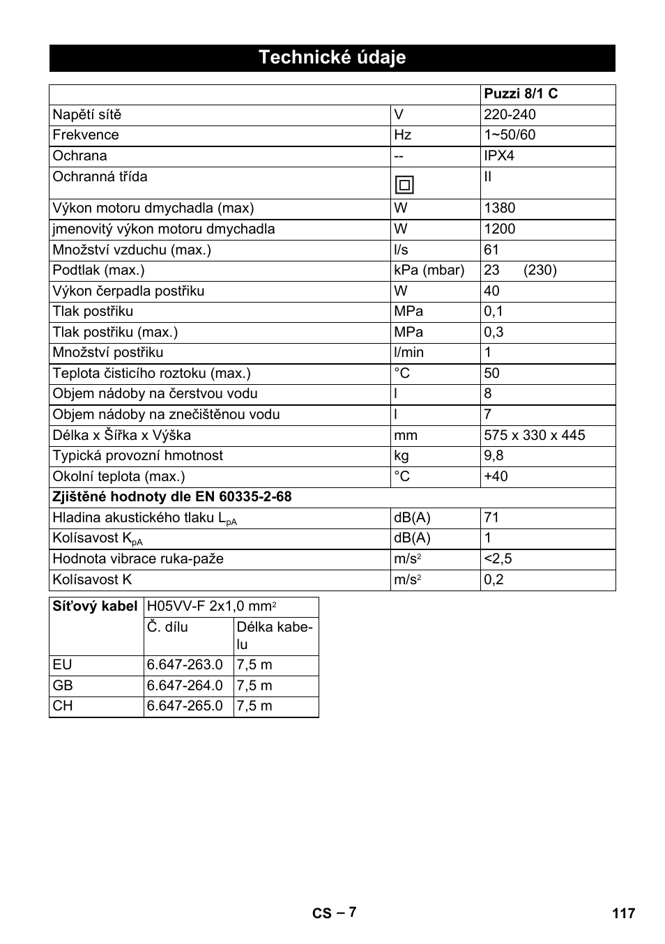Technické údaje | Karcher PUZZI 8-1 C User Manual | Page 117 / 204