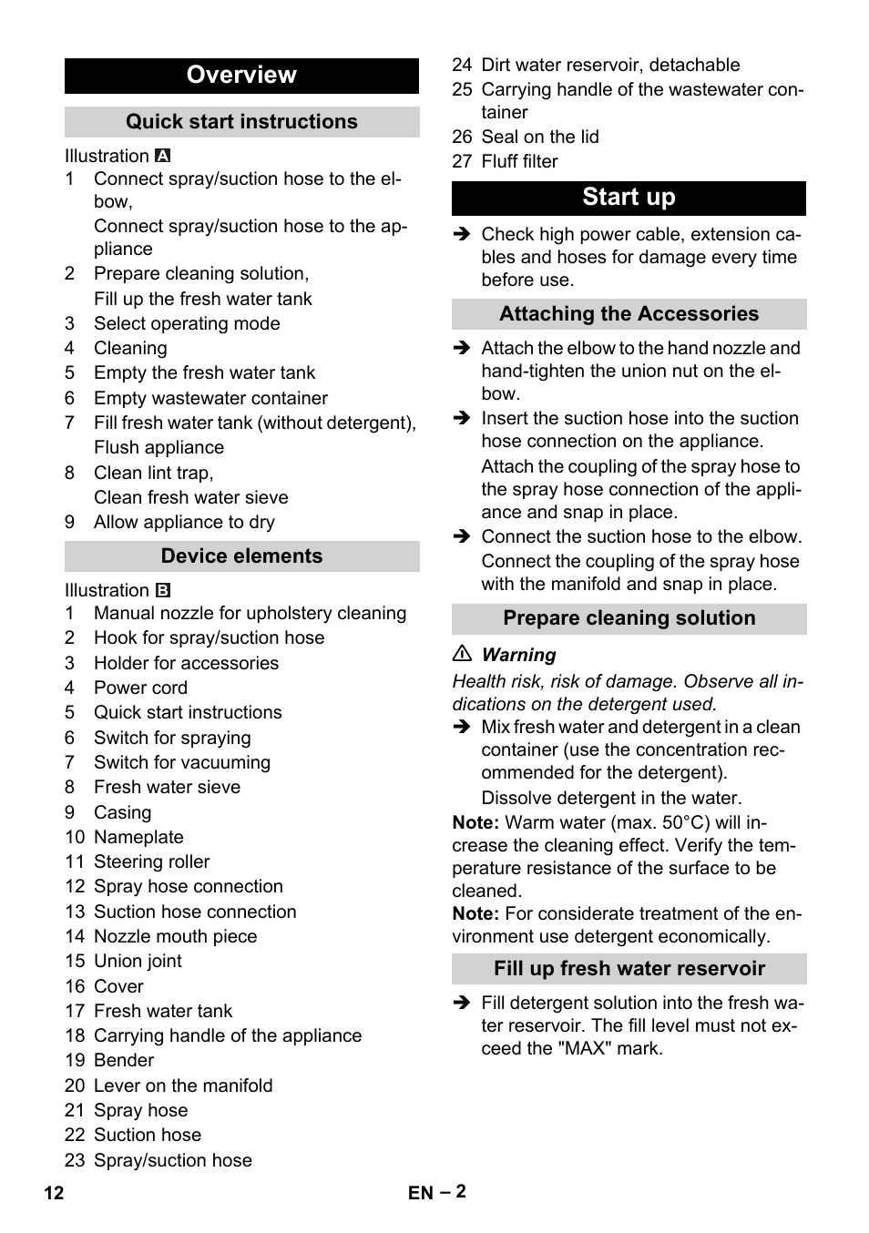 Overview, Start up | Karcher PUZZI 8-1 C User Manual | Page 12 / 204