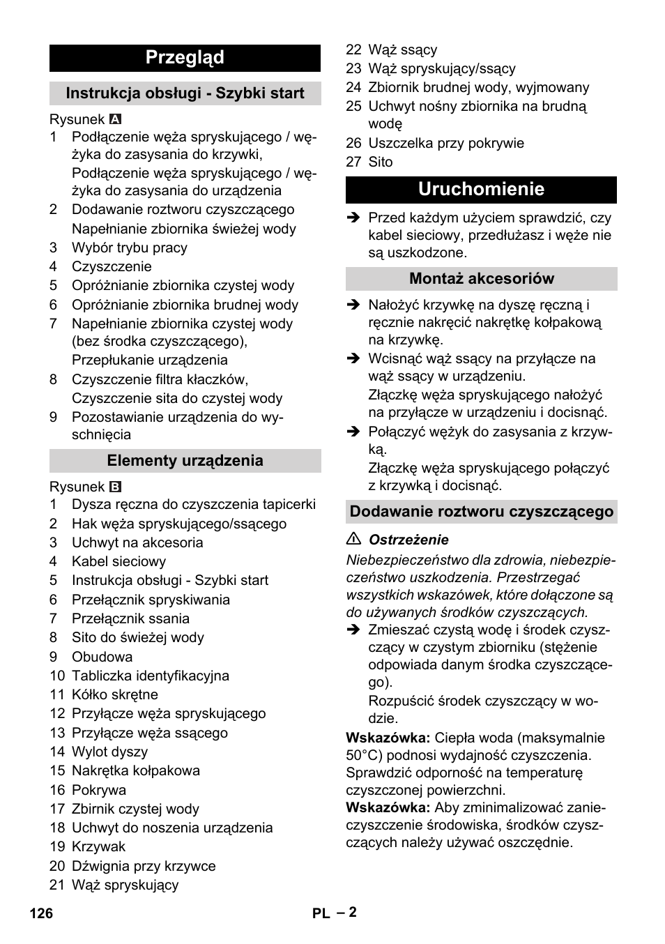 Przegląd, Uruchomienie | Karcher PUZZI 8-1 C User Manual | Page 126 / 204