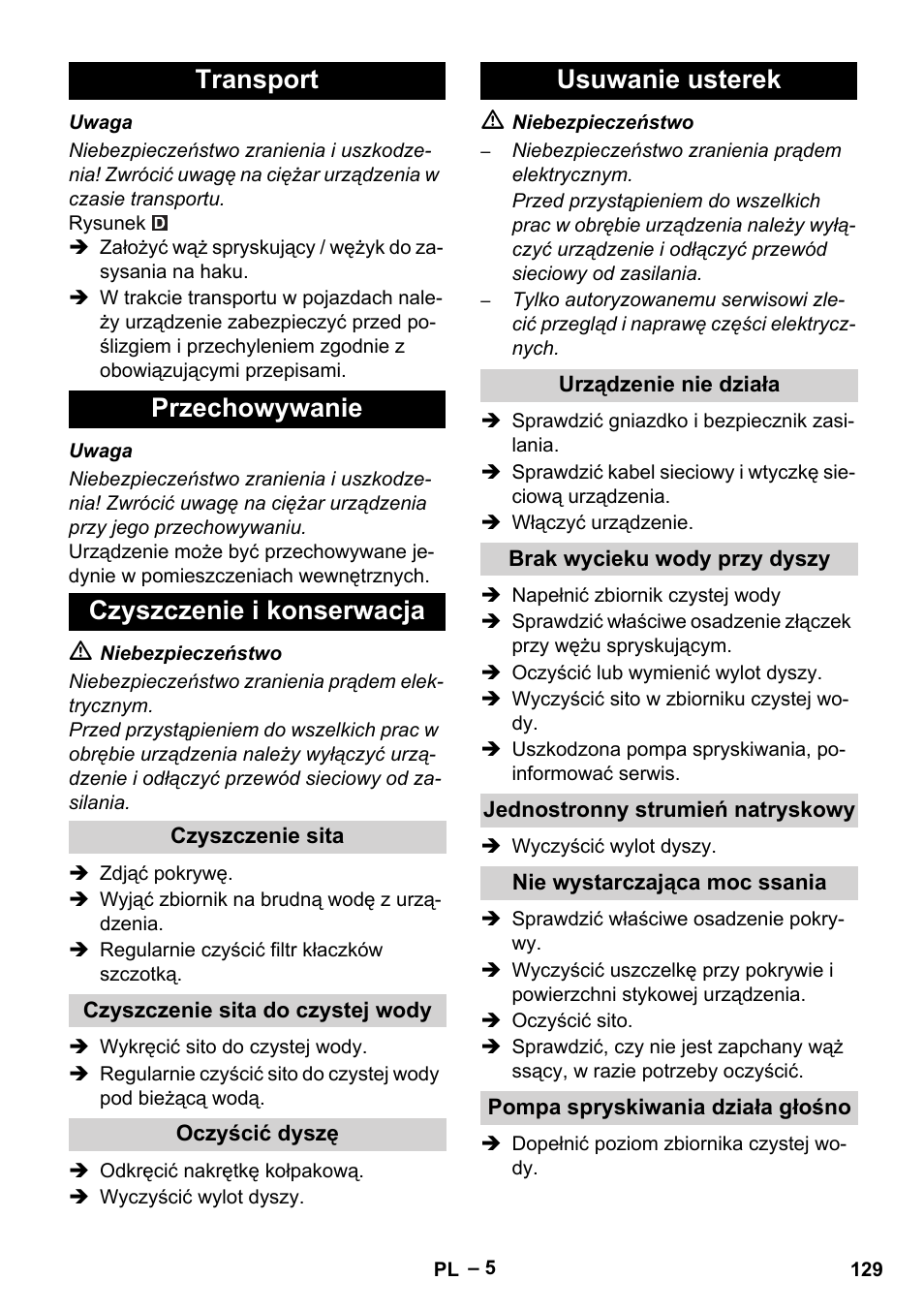 Transport przechowywanie czyszczenie i konserwacja, Usuwanie usterek | Karcher PUZZI 8-1 C User Manual | Page 129 / 204