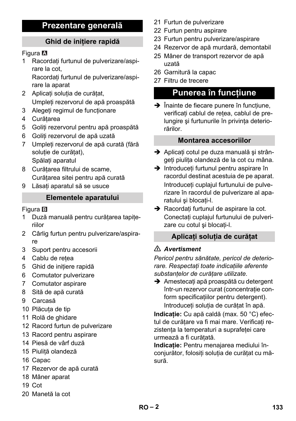 Prezentare generală, Punerea în funcţiune | Karcher PUZZI 8-1 C User Manual | Page 133 / 204