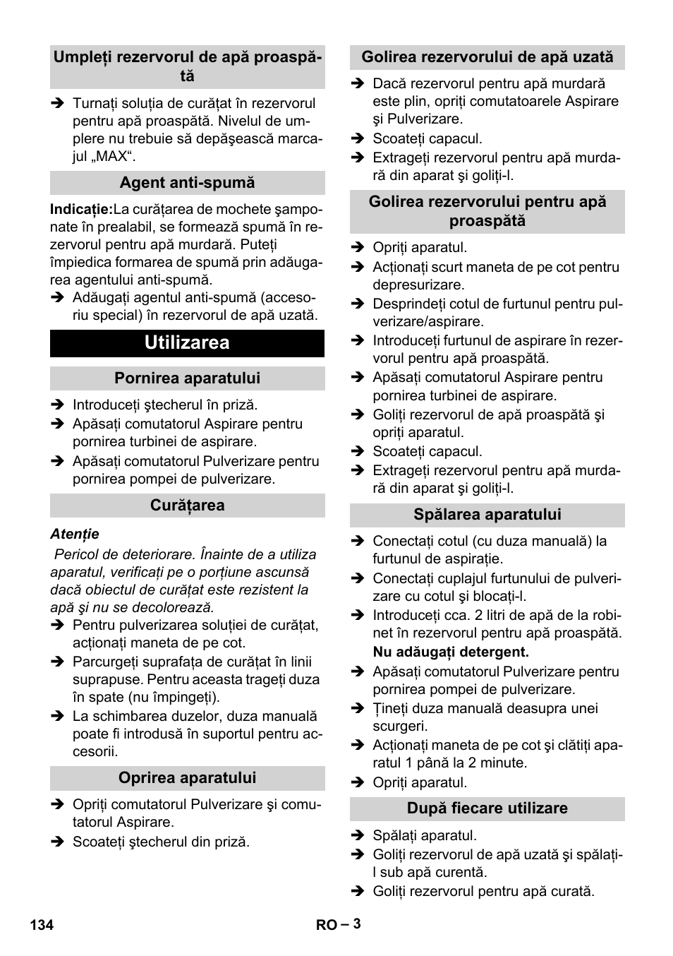 Utilizarea | Karcher PUZZI 8-1 C User Manual | Page 134 / 204