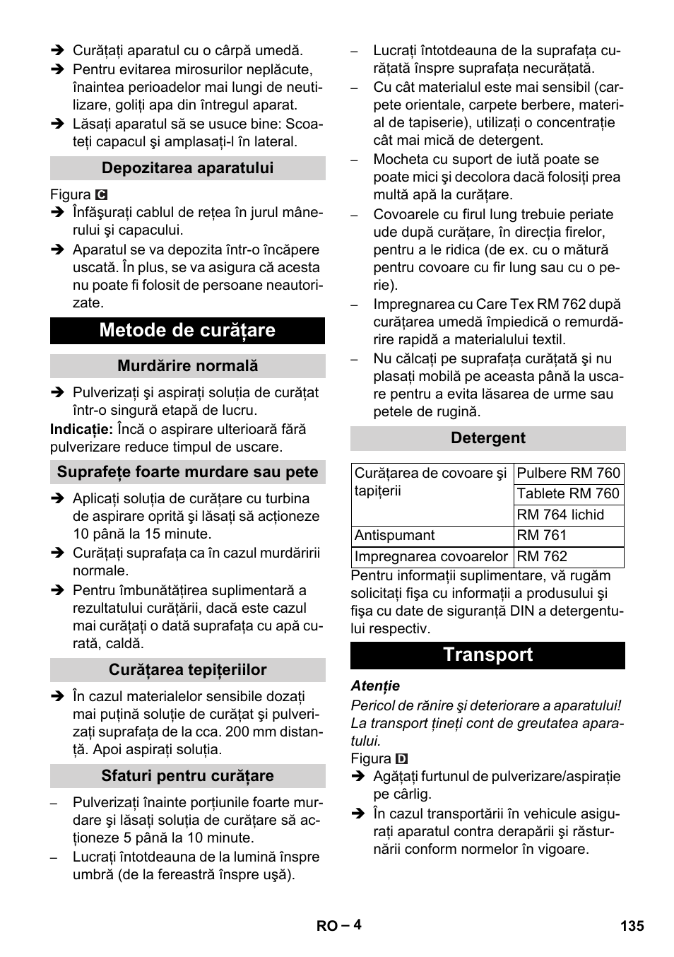 Metode de curăţare, Transport | Karcher PUZZI 8-1 C User Manual | Page 135 / 204