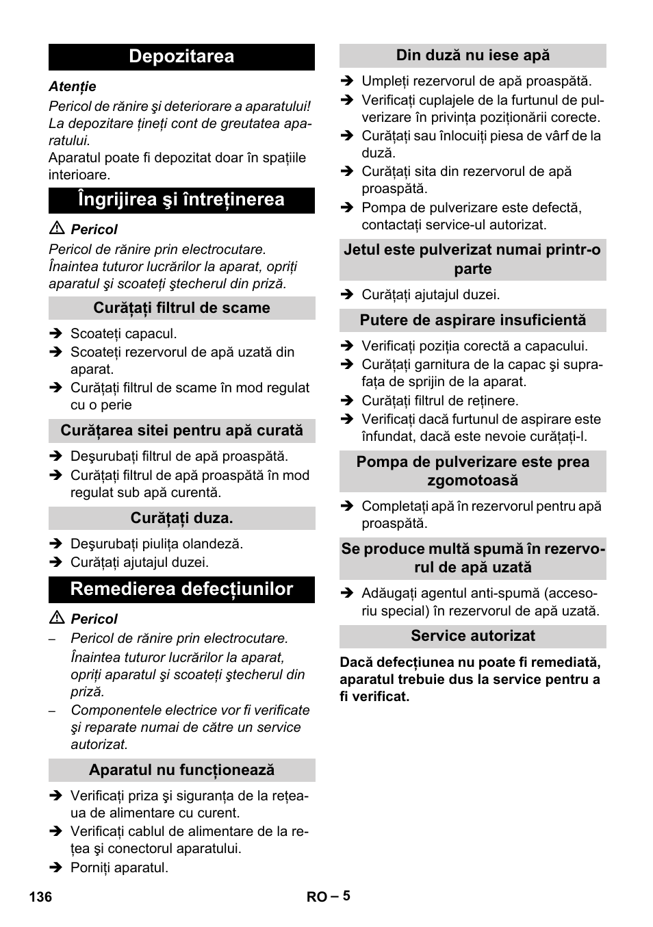 Depozitarea îngrijirea şi întreţinerea, Remedierea defecţiunilor | Karcher PUZZI 8-1 C User Manual | Page 136 / 204