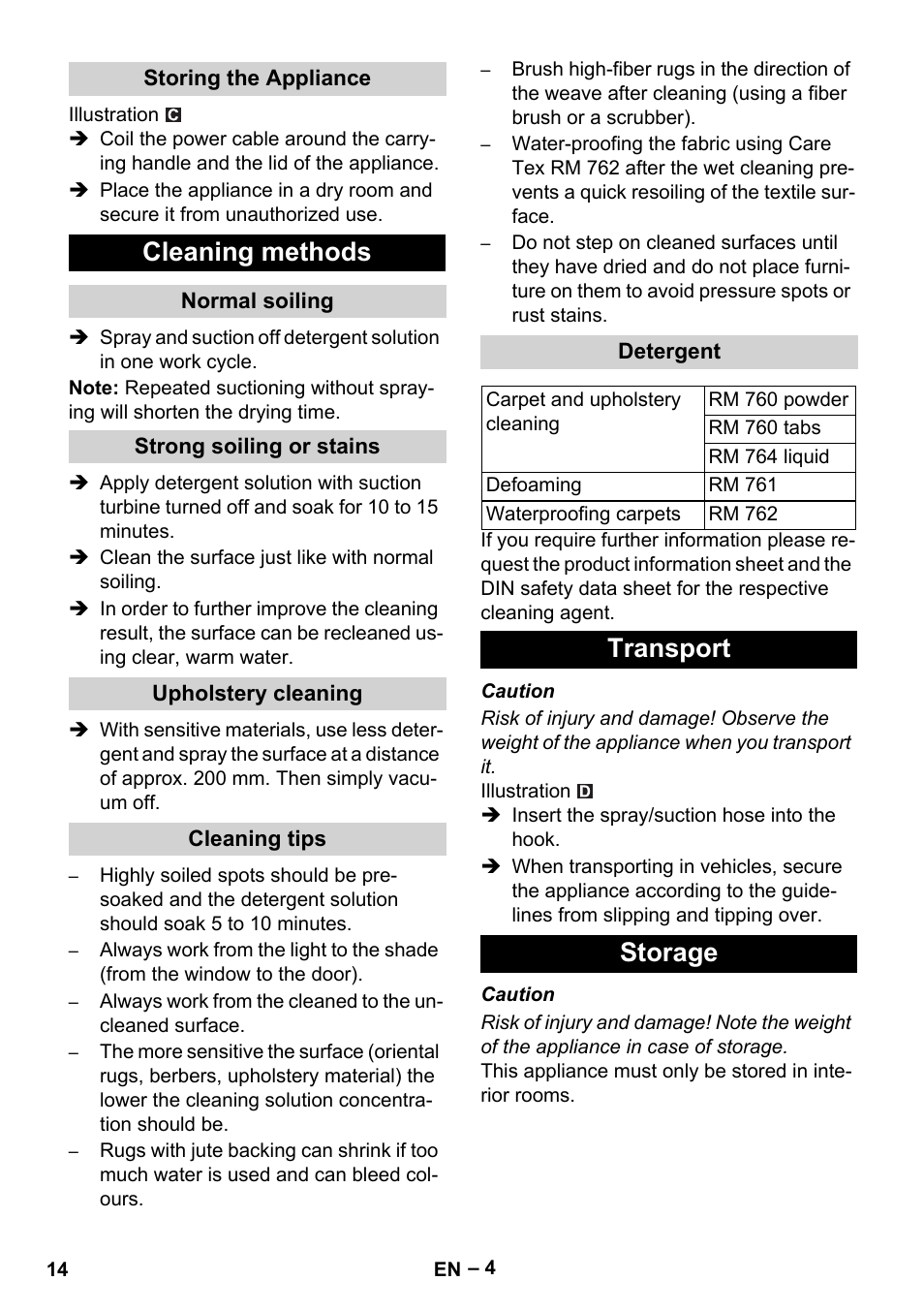 Cleaning methods, Transport storage | Karcher PUZZI 8-1 C User Manual | Page 14 / 204