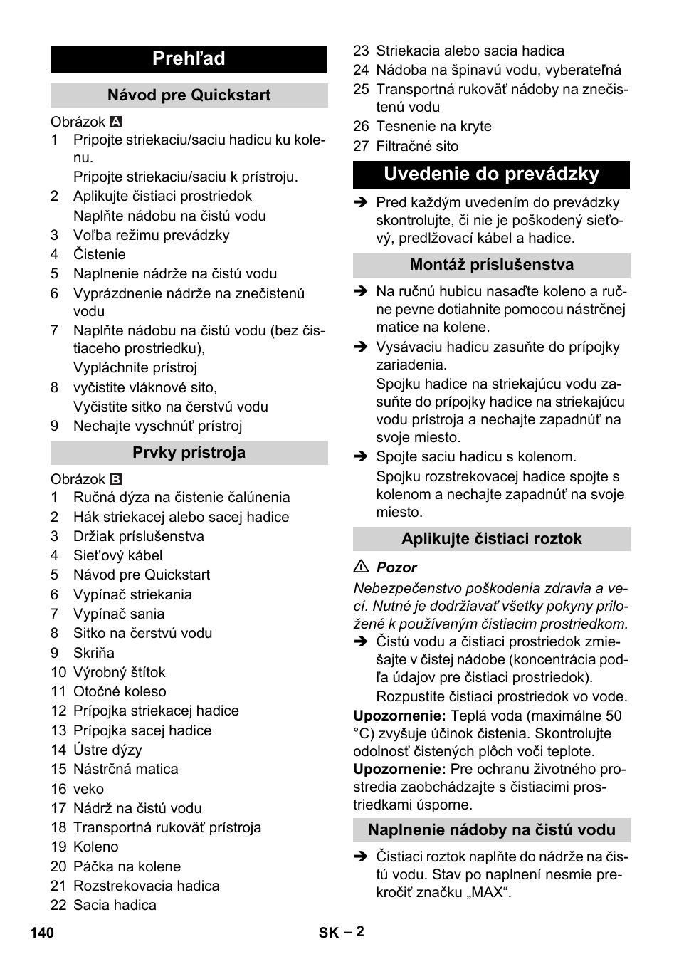 Prehľad, Uvedenie do prevádzky | Karcher PUZZI 8-1 C User Manual | Page 140 / 204