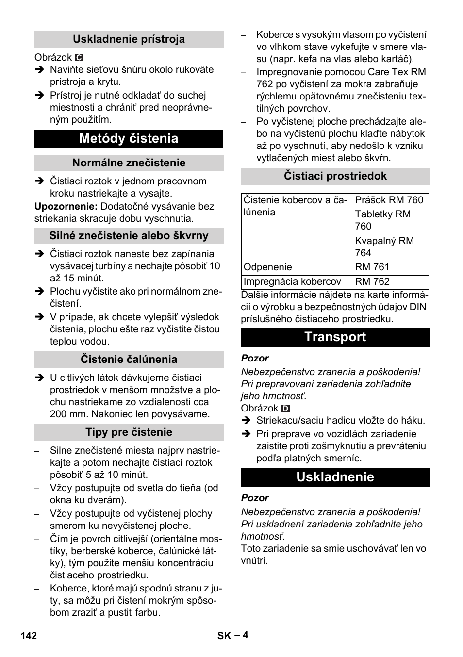 Metódy čistenia, Transport uskladnenie | Karcher PUZZI 8-1 C User Manual | Page 142 / 204