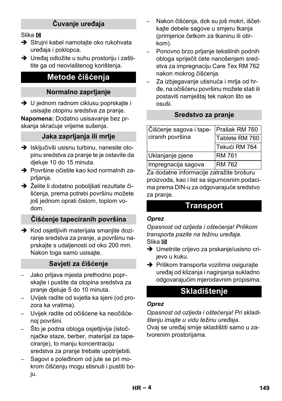 Metode čišćenja, Transport skladištenje | Karcher PUZZI 8-1 C User Manual | Page 149 / 204