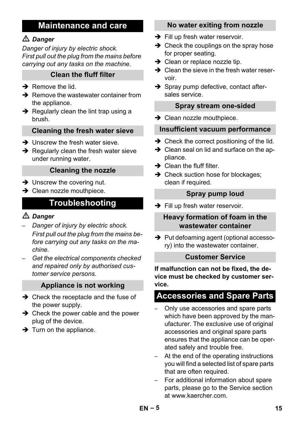 Maintenance and care, Troubleshooting, Accessories and spare parts | Karcher PUZZI 8-1 C User Manual | Page 15 / 204