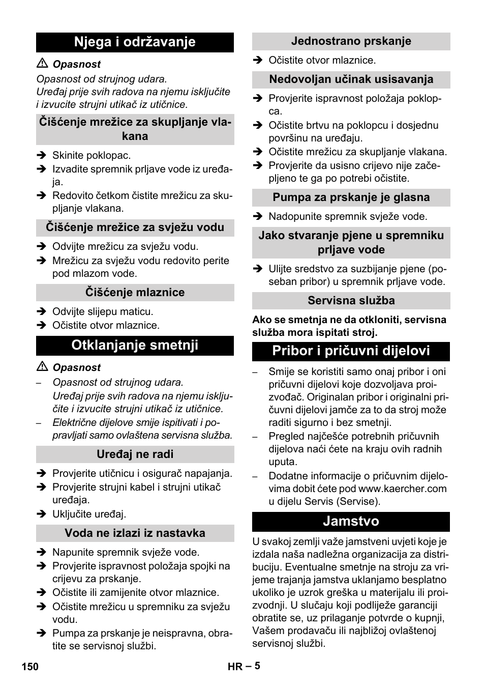 Njega i održavanje, Otklanjanje smetnji, Pribor i pričuvni dijelovi jamstvo | Karcher PUZZI 8-1 C User Manual | Page 150 / 204