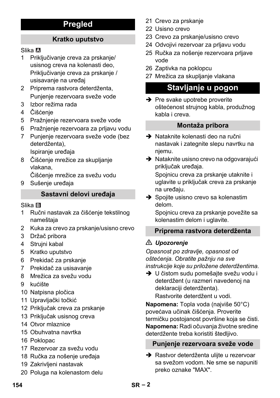 Pregled, Stavljanje u pogon | Karcher PUZZI 8-1 C User Manual | Page 154 / 204