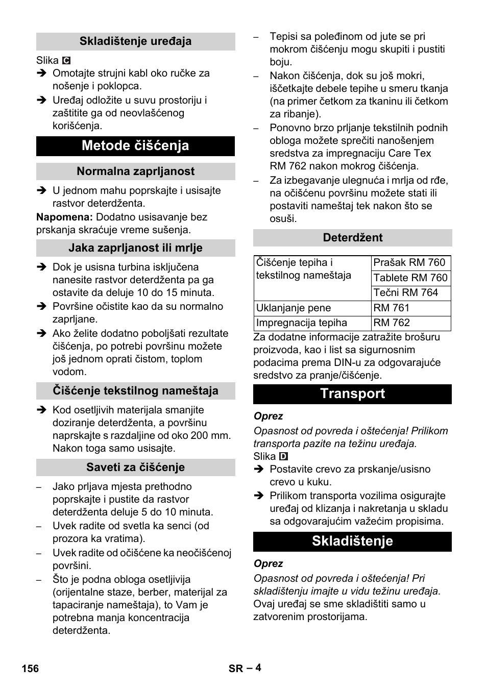 Metode čišćenja, Transport skladištenje | Karcher PUZZI 8-1 C User Manual | Page 156 / 204