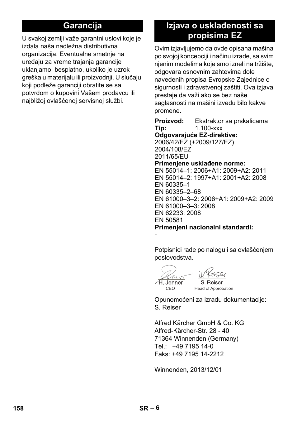 Garancija izjava o usklađenosti sa propisima ez | Karcher PUZZI 8-1 C User Manual | Page 158 / 204
