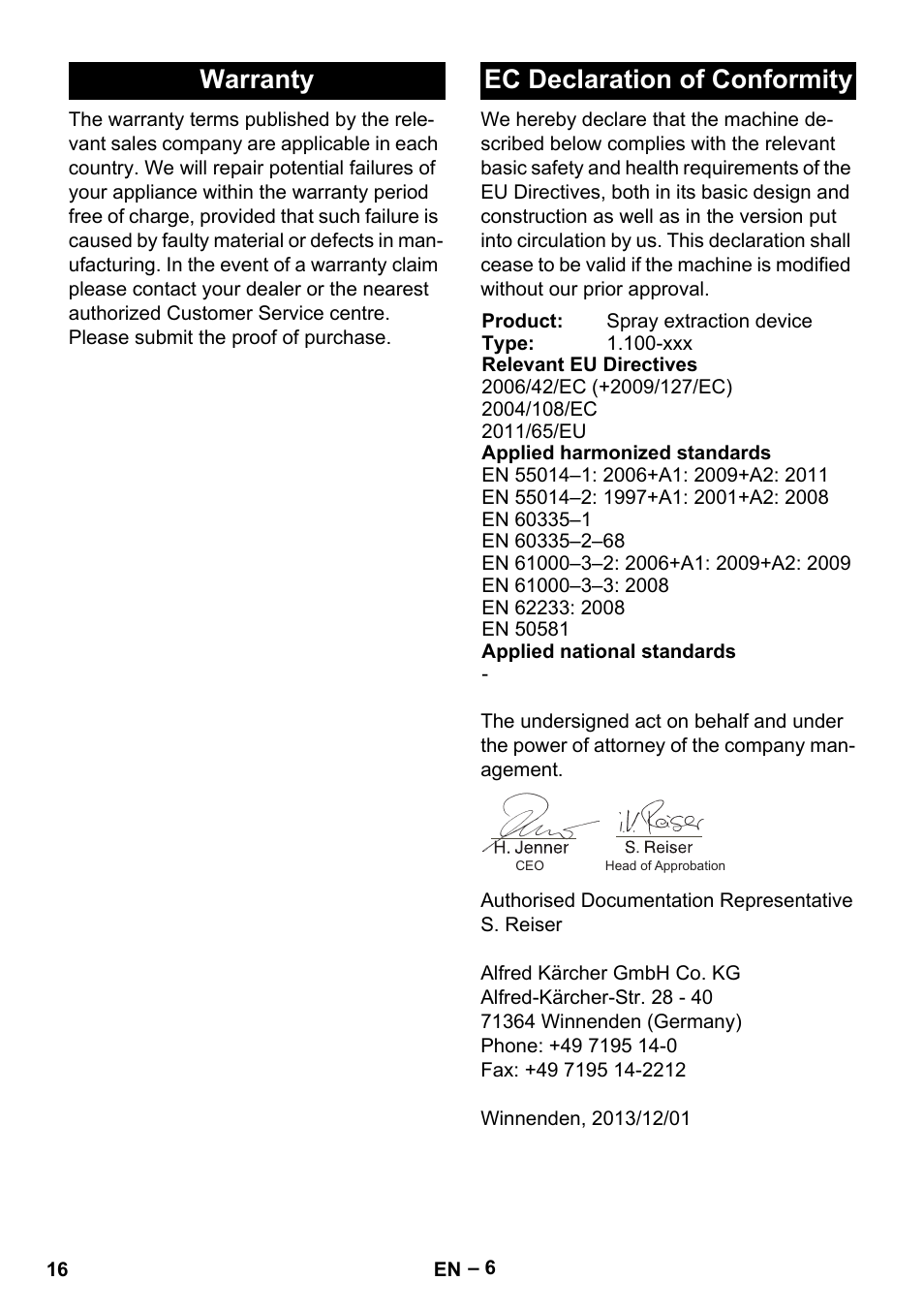 Warranty ec declaration of conformity | Karcher PUZZI 8-1 C User Manual | Page 16 / 204