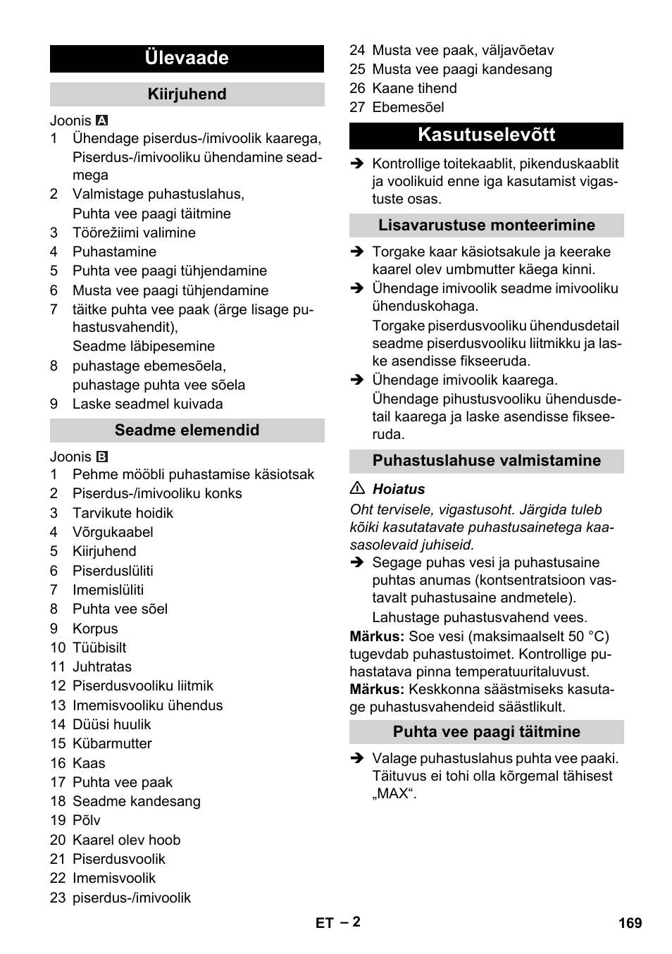 Ülevaade, Kasutuselevõtt | Karcher PUZZI 8-1 C User Manual | Page 169 / 204