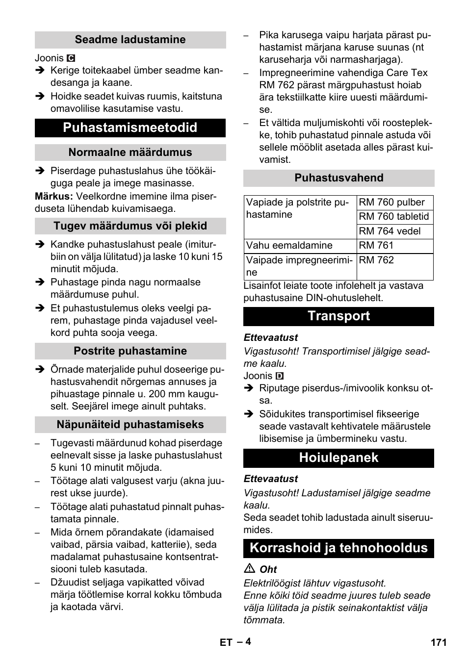 Puhastamismeetodid, Transport hoiulepanek korrashoid ja tehnohooldus | Karcher PUZZI 8-1 C User Manual | Page 171 / 204