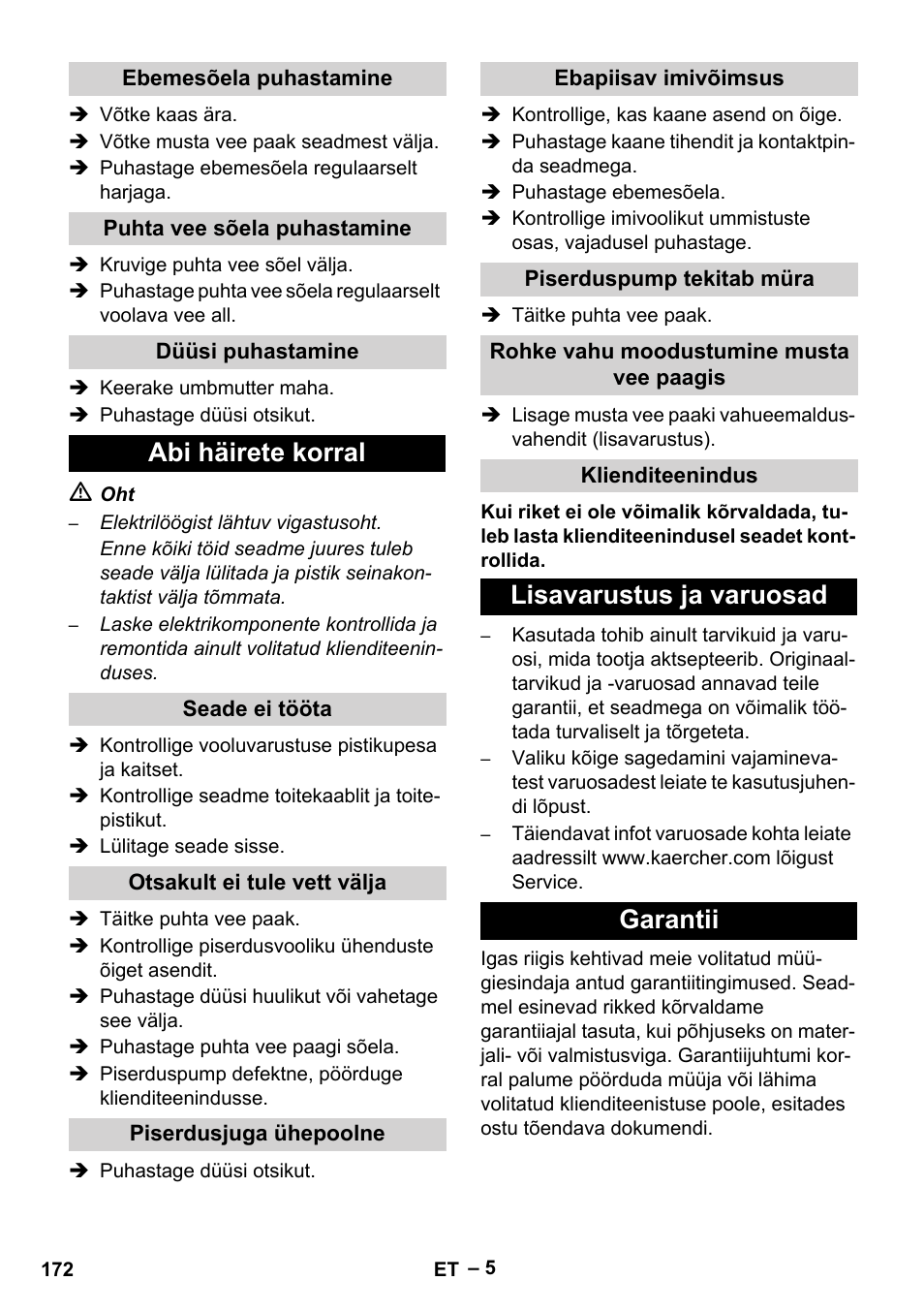 Abi häirete korral, Lisavarustus ja varuosad garantii | Karcher PUZZI 8-1 C User Manual | Page 172 / 204