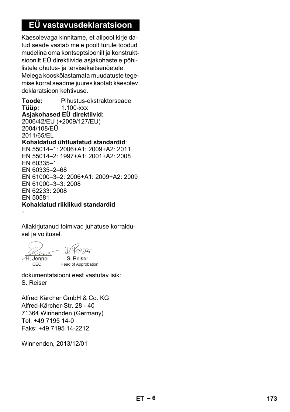 Eü vastavusdeklaratsioon | Karcher PUZZI 8-1 C User Manual | Page 173 / 204