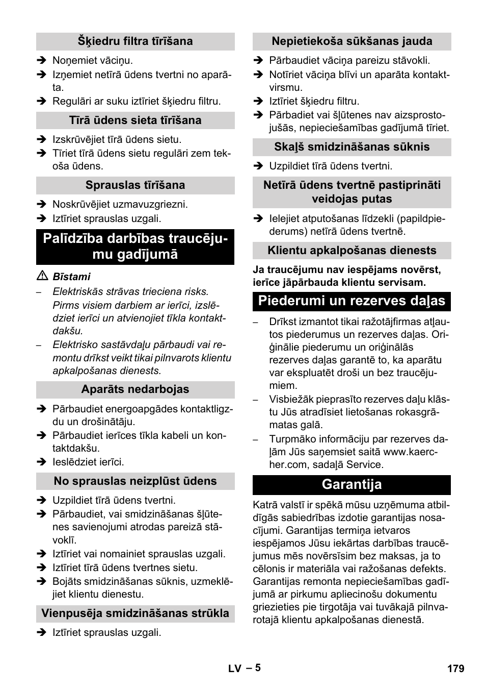 Palīdzība darbības traucēju- mu gadījumā, Piederumi un rezerves daļas garantija | Karcher PUZZI 8-1 C User Manual | Page 179 / 204