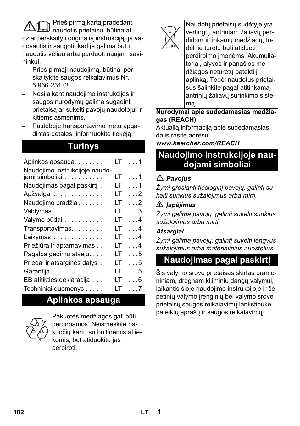 Lietuviškai, Turinys, Aplinkos apsauga | Karcher PUZZI 8-1 C User Manual | Page 182 / 204