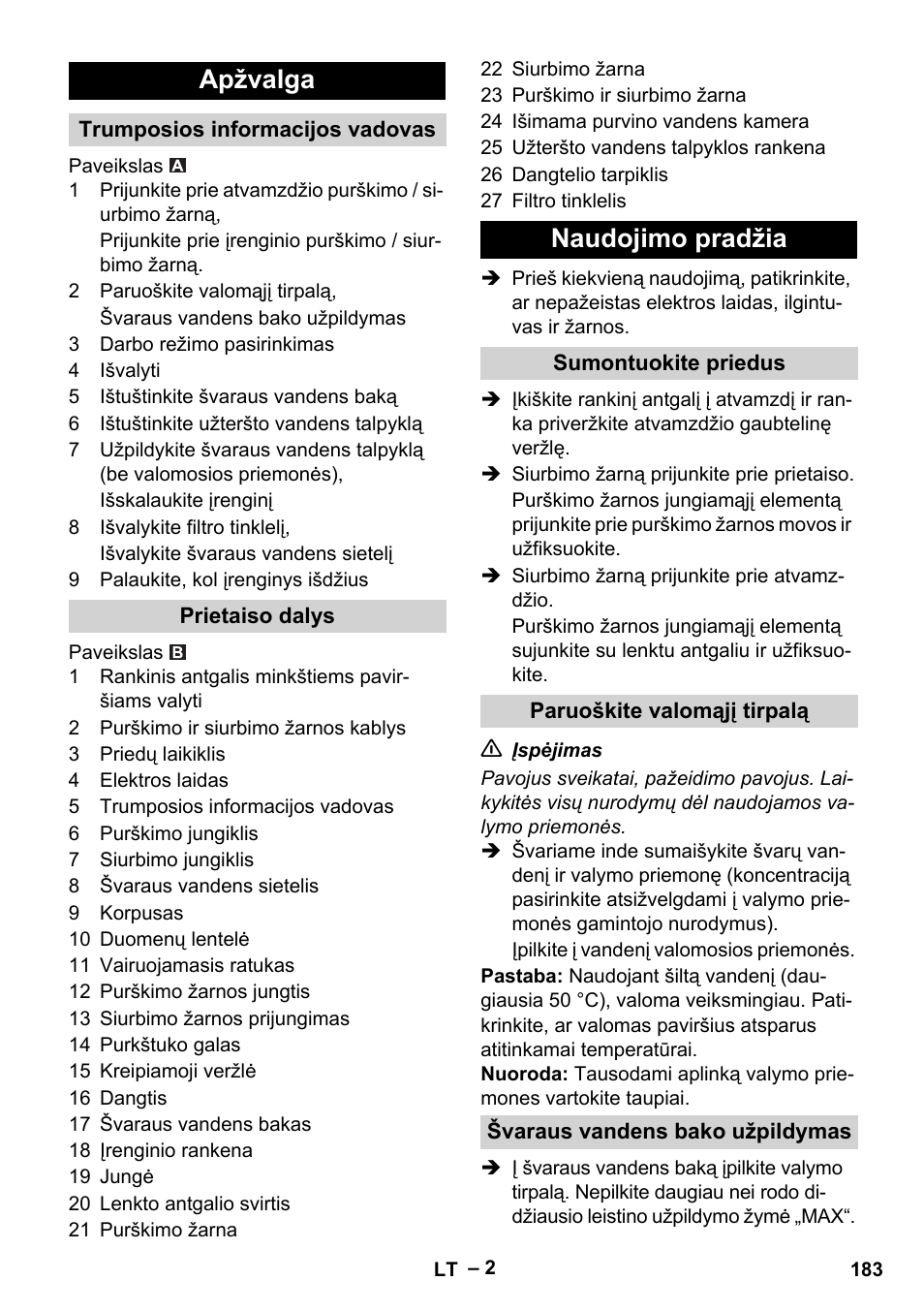 Apžvalga, Naudojimo pradžia | Karcher PUZZI 8-1 C User Manual | Page 183 / 204
