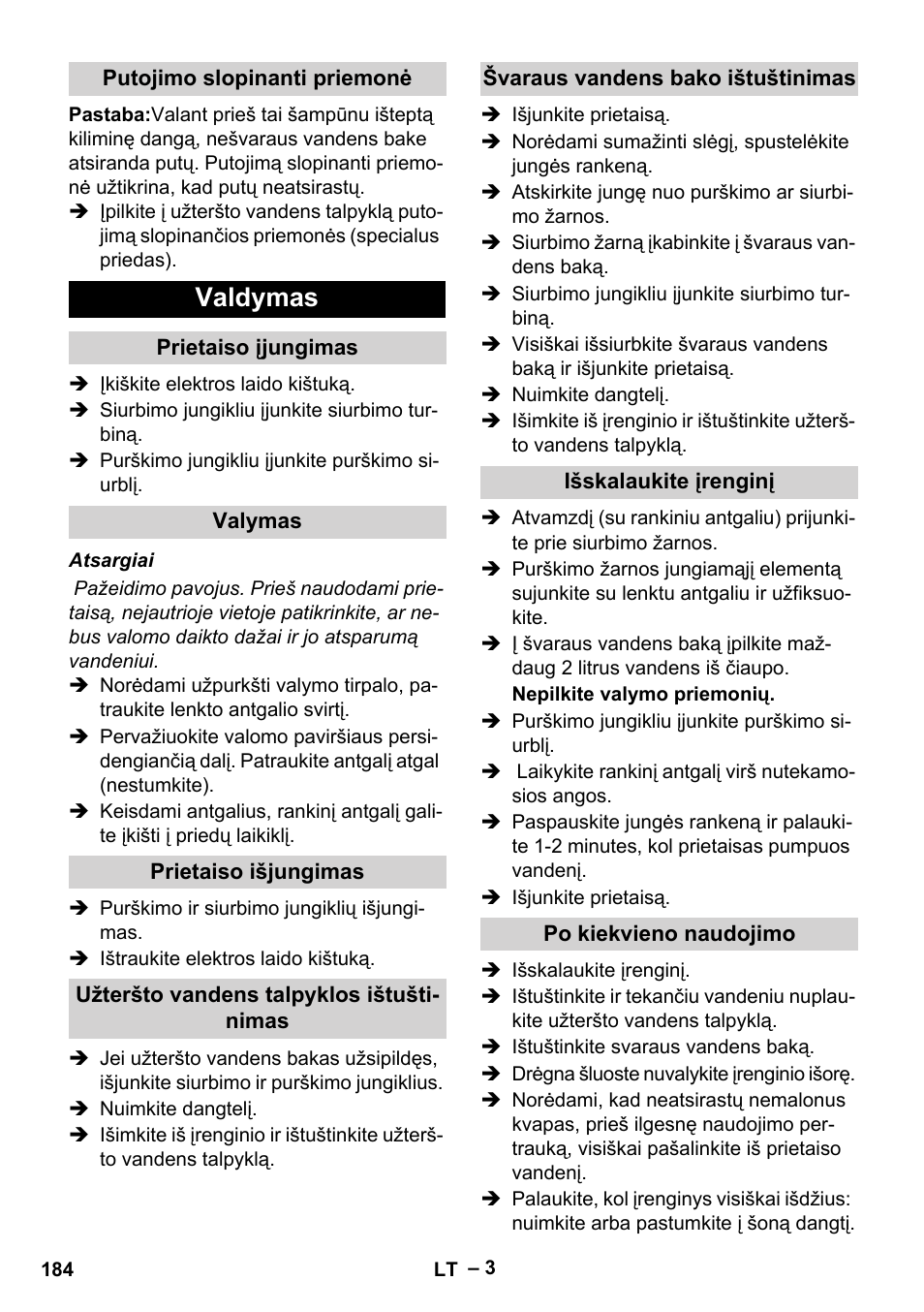 Valdymas | Karcher PUZZI 8-1 C User Manual | Page 184 / 204