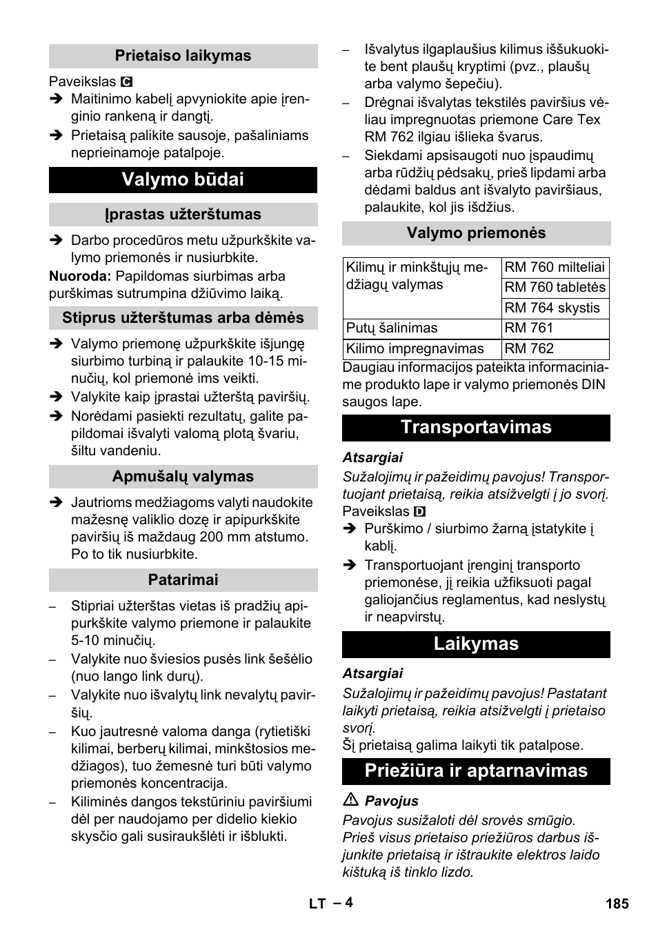 Valymo būdai, Transportavimas laikymas priežiūra ir aptarnavimas | Karcher PUZZI 8-1 C User Manual | Page 185 / 204