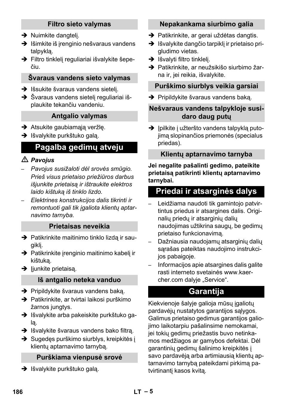 Pagalba gedimų atveju, Priedai ir atsarginės dalys garantija | Karcher PUZZI 8-1 C User Manual | Page 186 / 204
