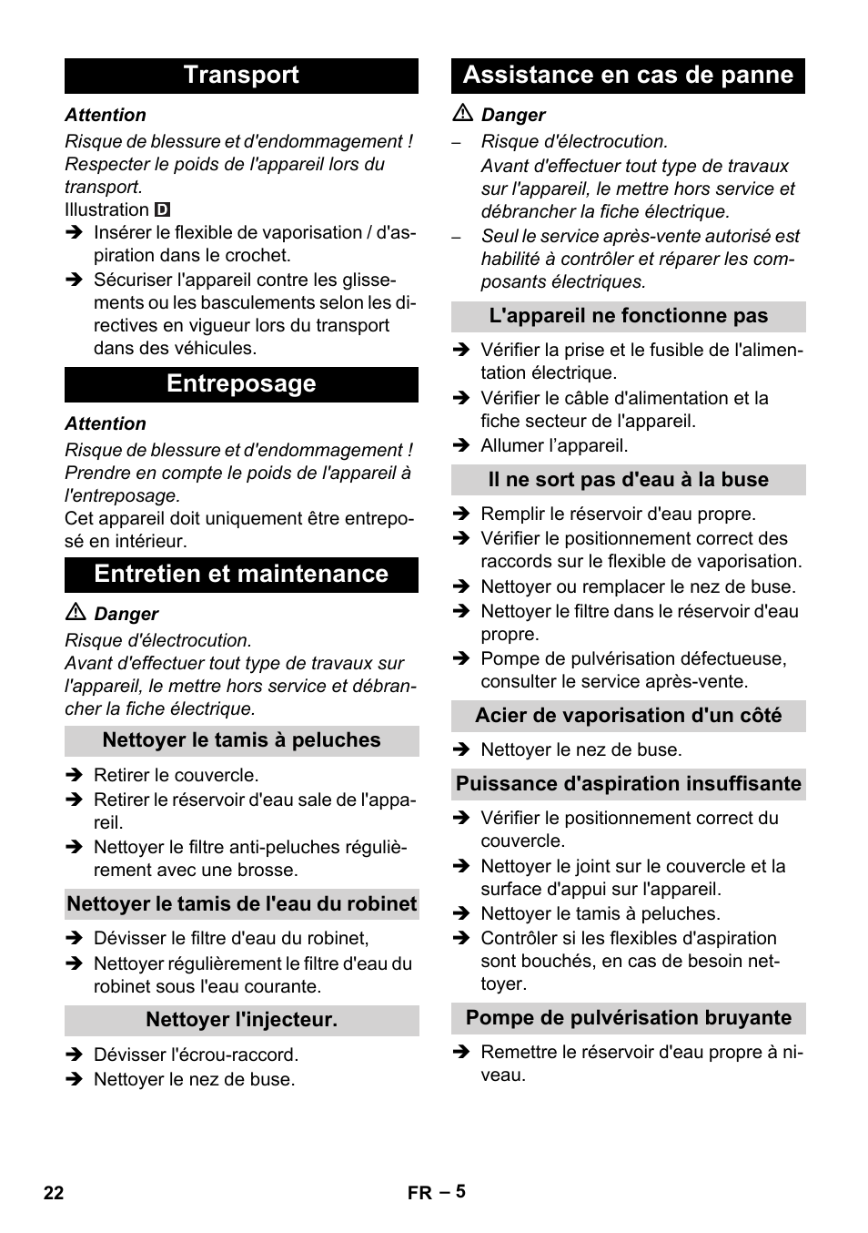 Transport entreposage entretien et maintenance, Assistance en cas de panne | Karcher PUZZI 8-1 C User Manual | Page 22 / 204