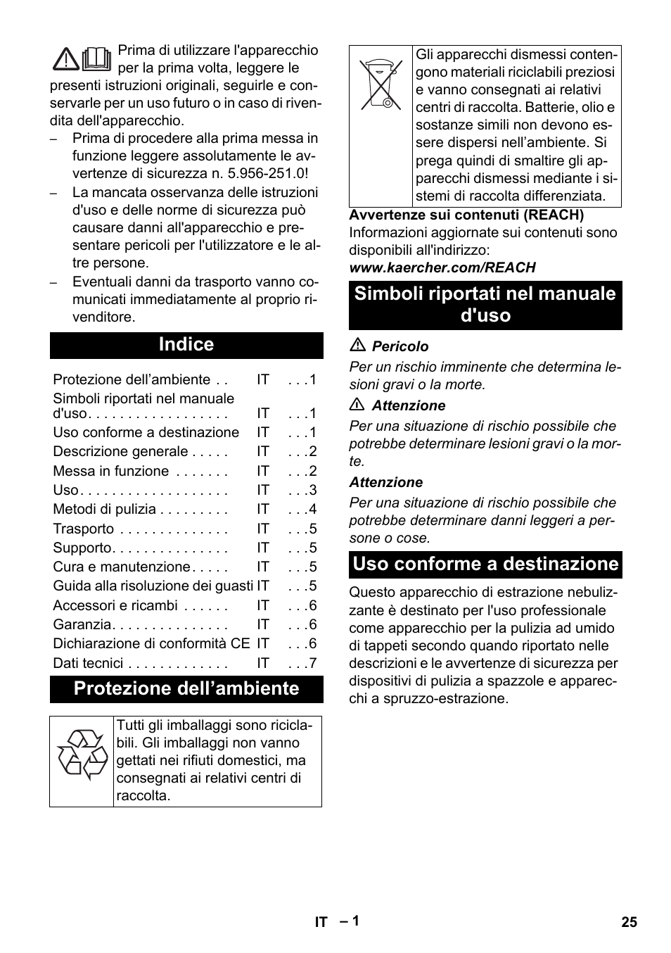 Italiano, Indice, Protezione dell’ambiente | Karcher PUZZI 8-1 C User Manual | Page 25 / 204