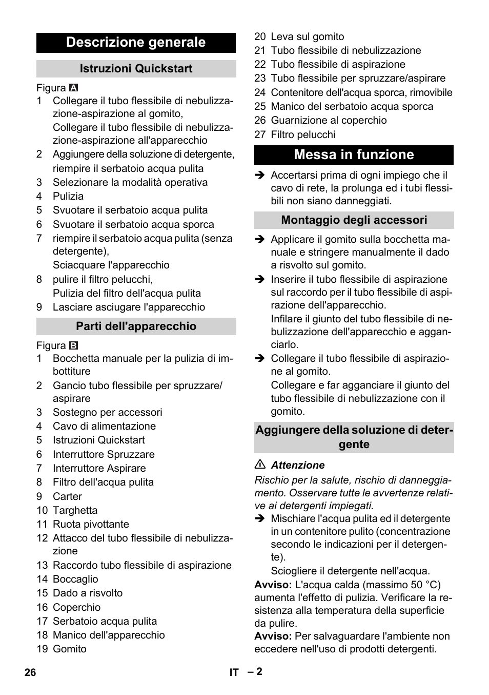 Descrizione generale, Messa in funzione | Karcher PUZZI 8-1 C User Manual | Page 26 / 204