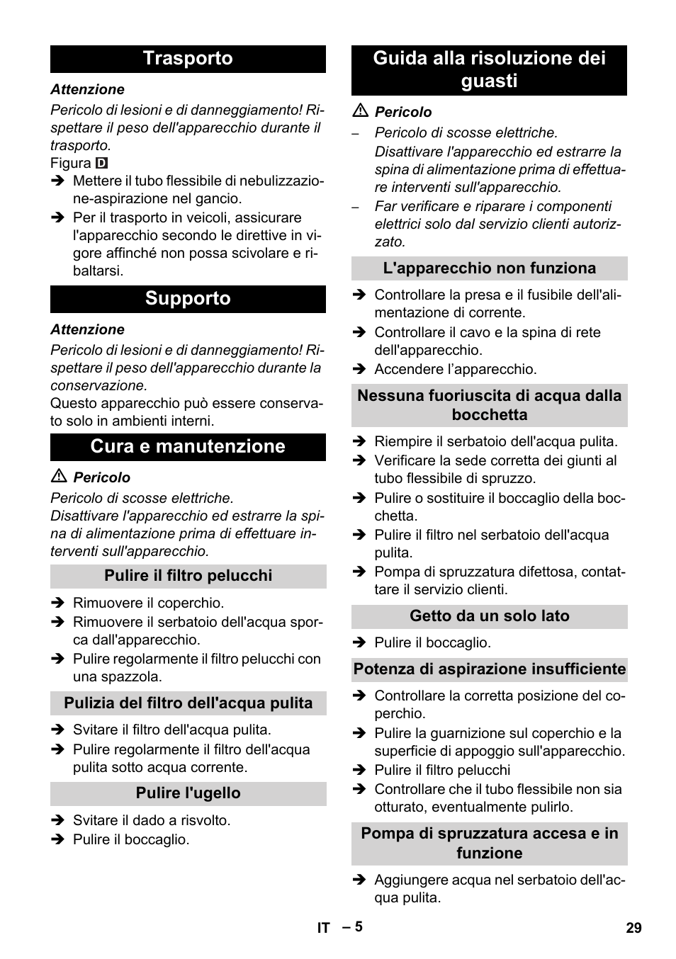 Trasporto supporto cura e manutenzione, Guida alla risoluzione dei guasti | Karcher PUZZI 8-1 C User Manual | Page 29 / 204