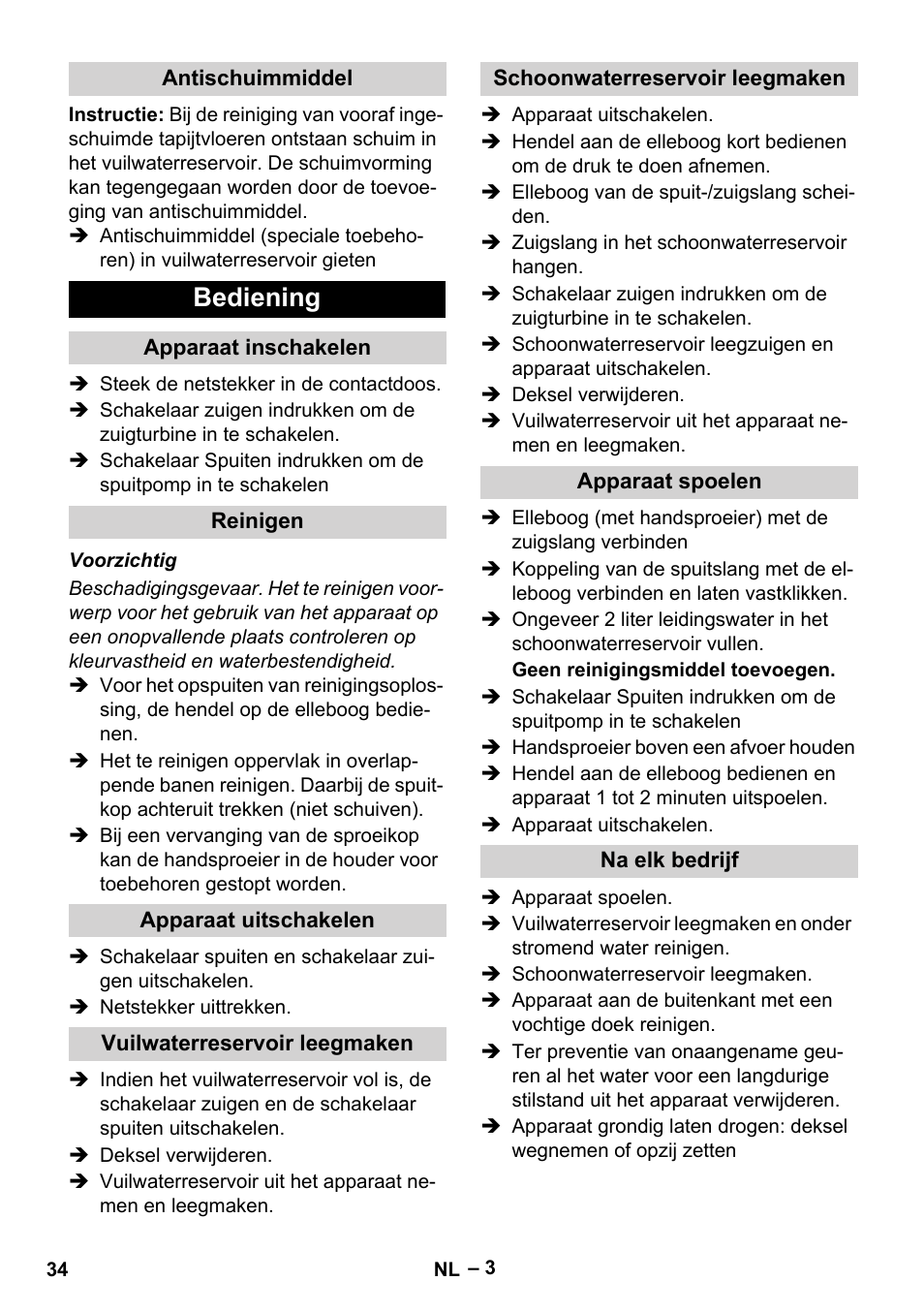Bediening | Karcher PUZZI 8-1 C User Manual | Page 34 / 204