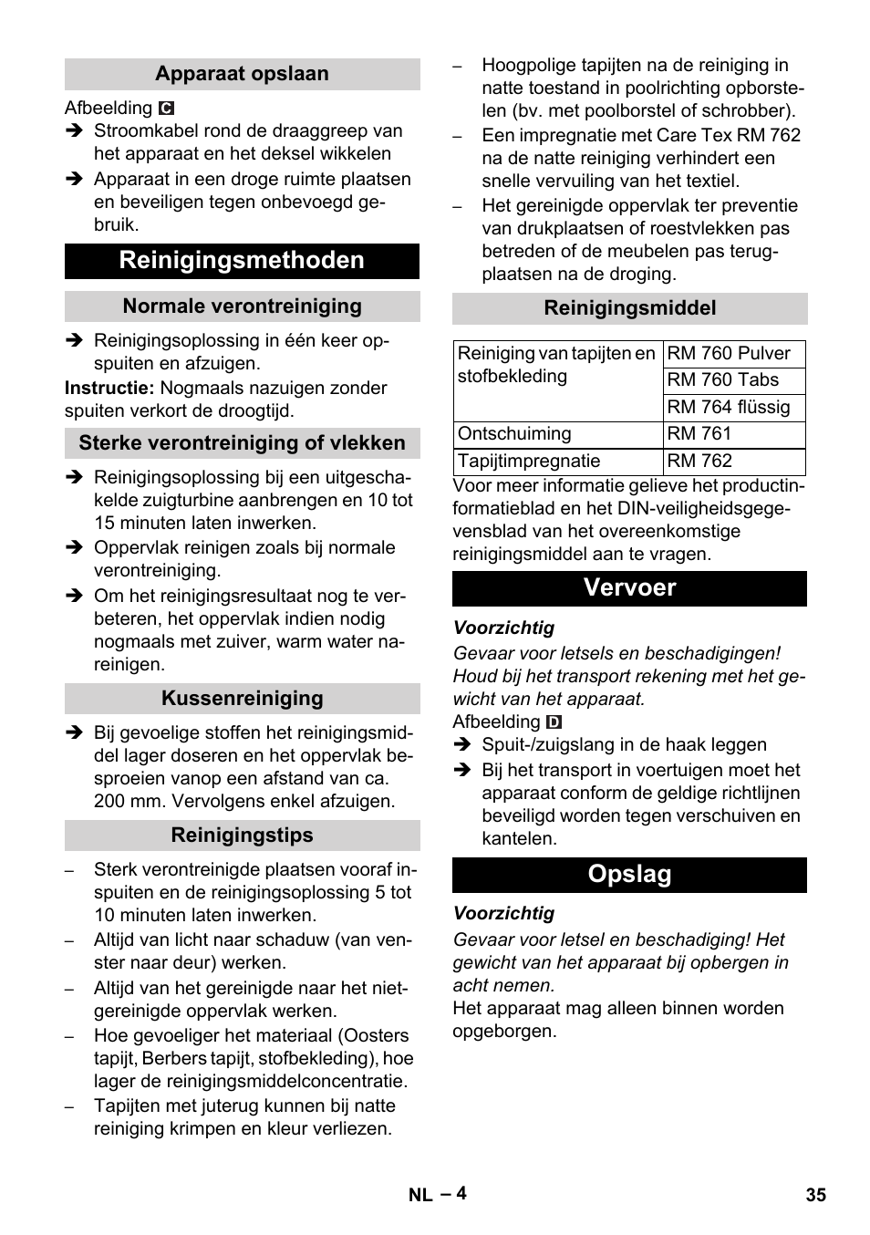 Reinigingsmethoden, Vervoer opslag | Karcher PUZZI 8-1 C User Manual | Page 35 / 204